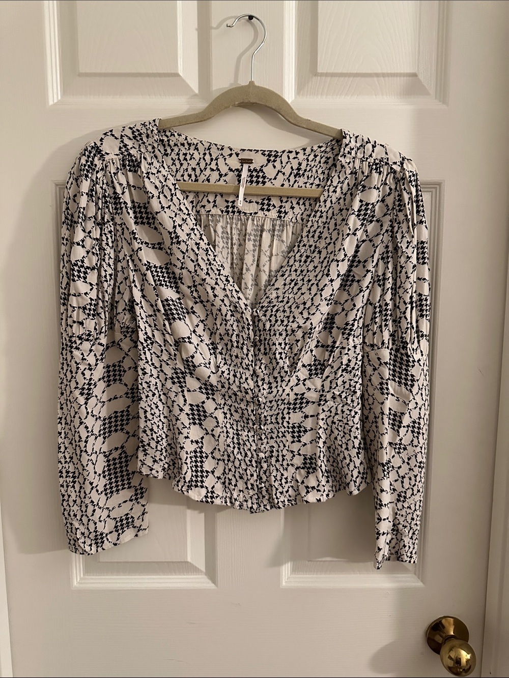 Free People Black & White Patterned V-Neck Blouse